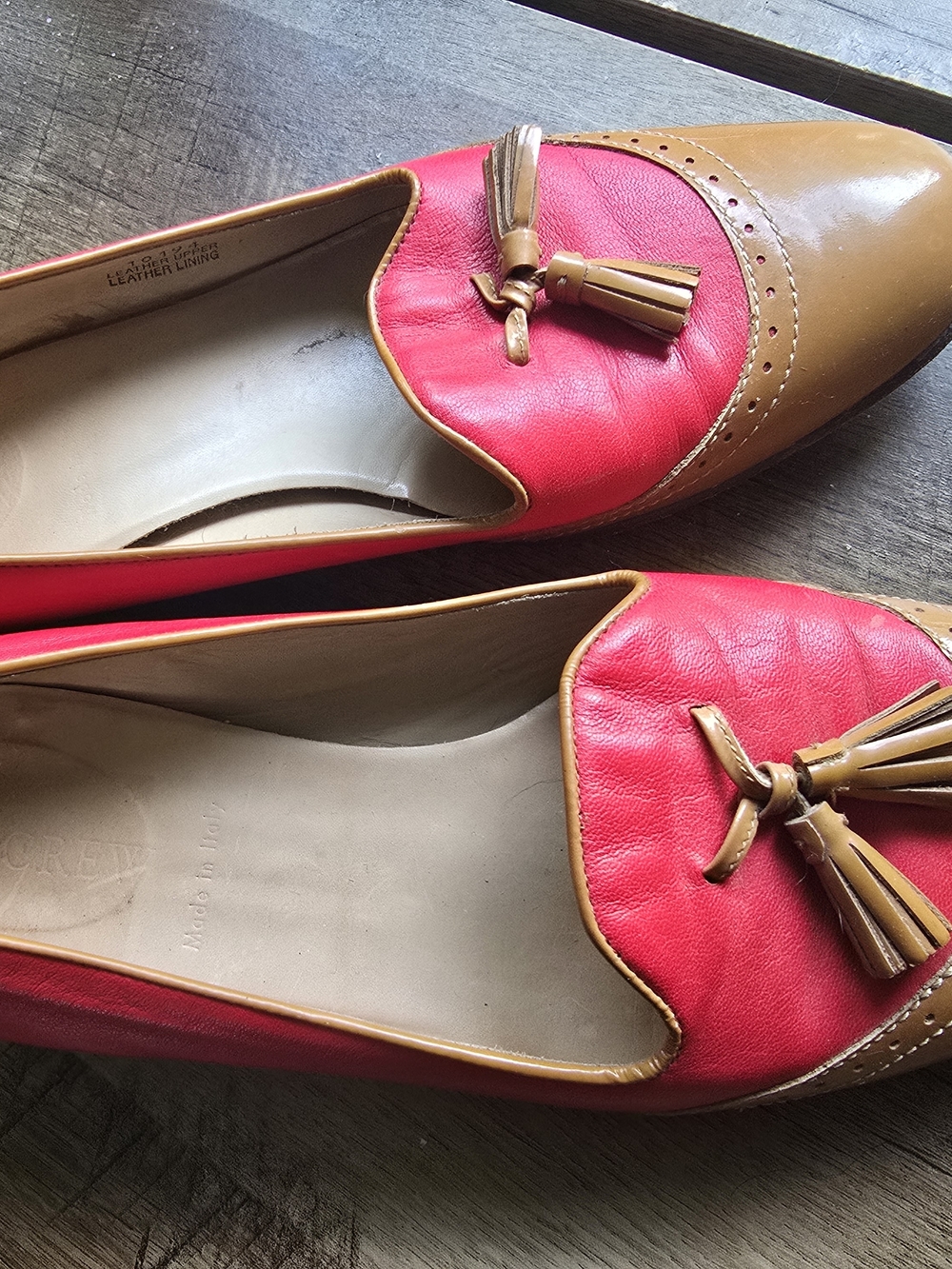 J. Crew Red and Tan Leather Tassel Loafers
